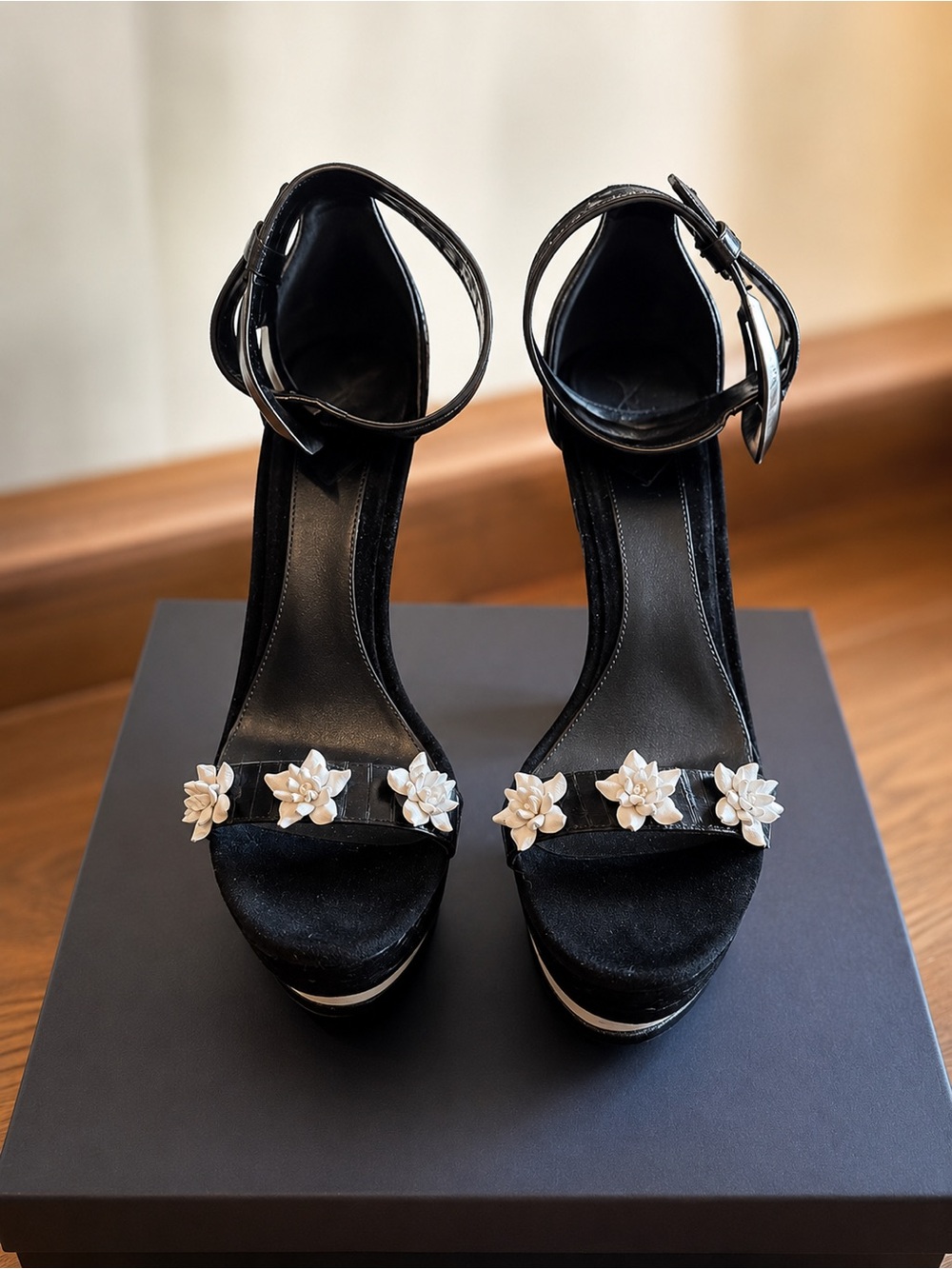 Brian Atwood Black Platform Ankle-Strap Sandals with Floral Embellishments